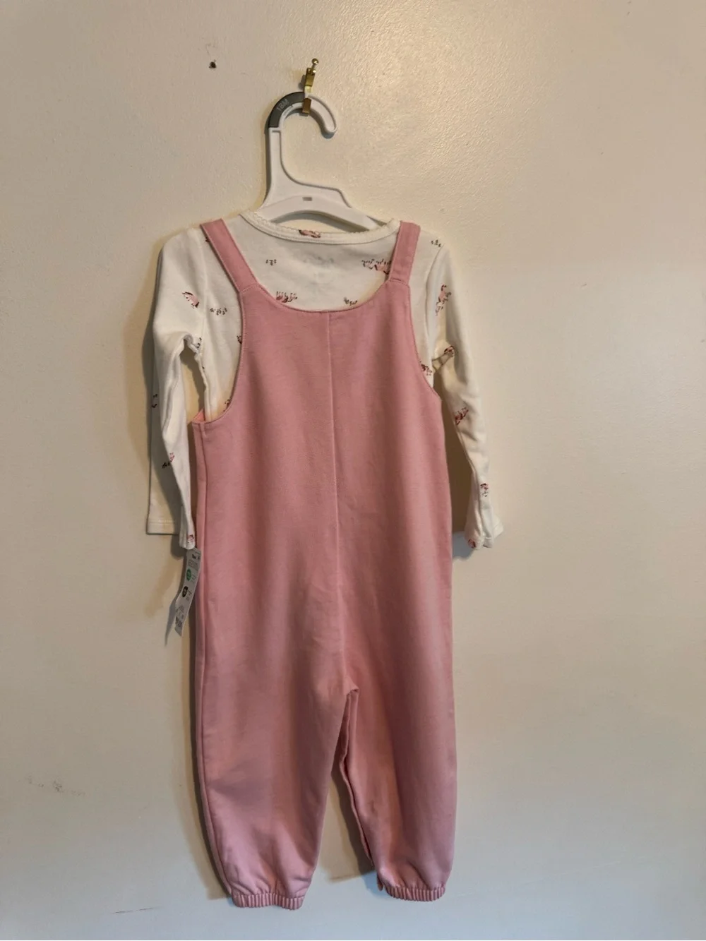 NWT Carter's Pink Heart Patch Overalls with Cream Long-Sleeve Horse Print Top